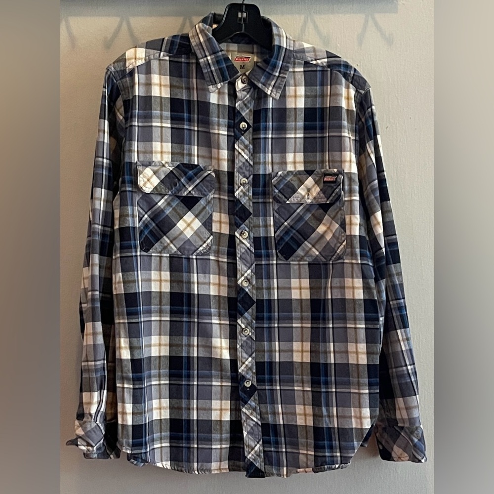 Dickies Blue and White Plaid Casual Button Down Shirt